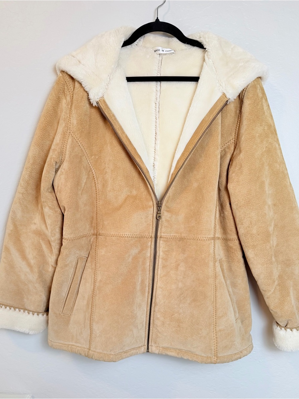 Fabio Vintage Tan Suede Shearling Hooded Coat Faux Fur Lining Large Y2K Heavy
